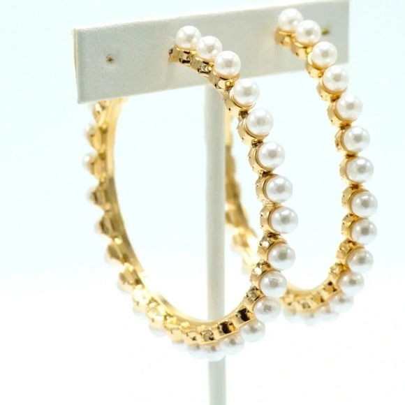 - Persimmon 45mm Pearl Wired Hoop Earrings gold tone spin on classic pearls - Picture 2 of 8